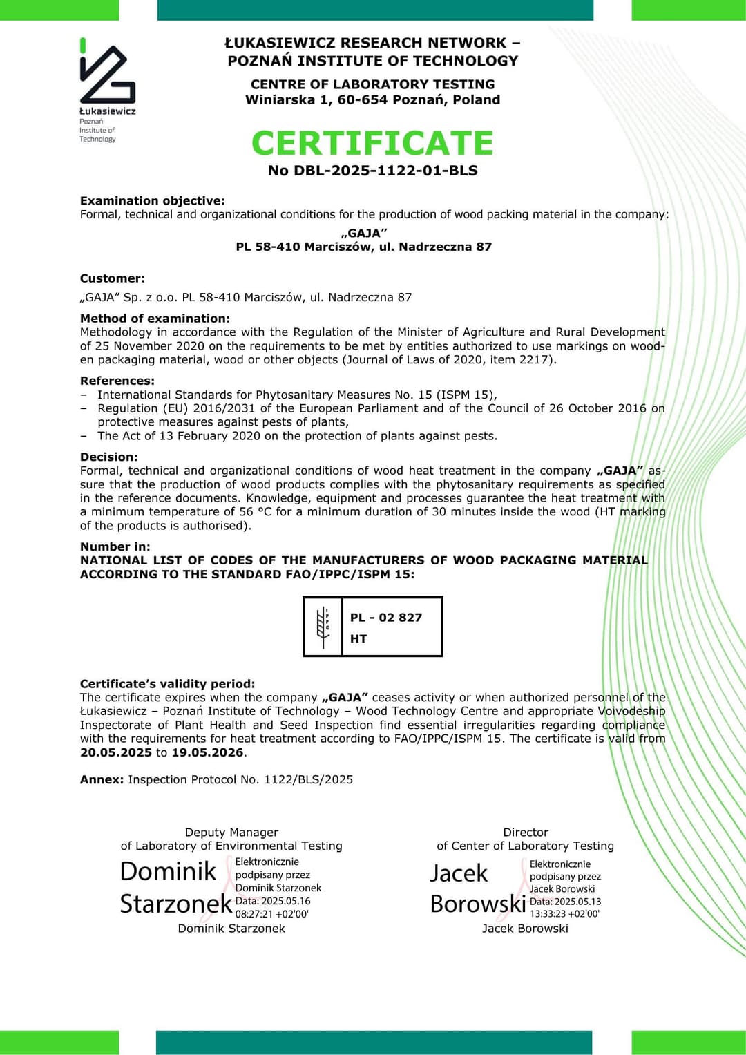PL – 02 827 HT FAO/IPPC/ISPM 15