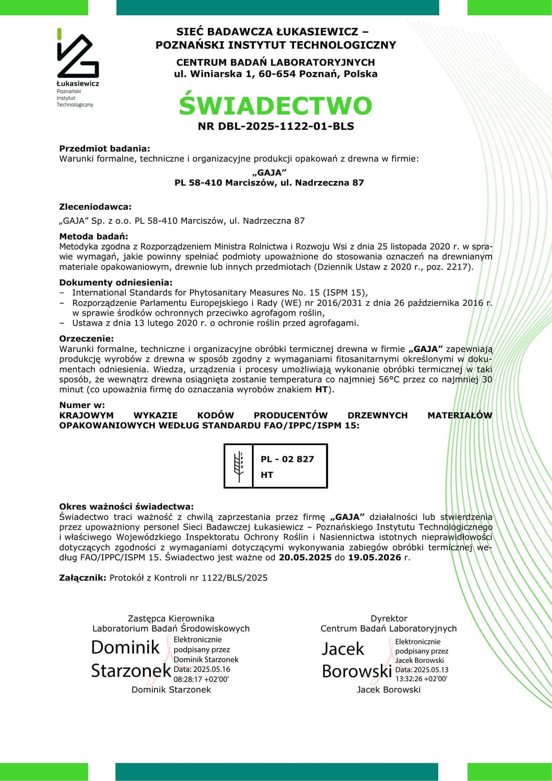 PL – 02 827 HT FAO/IPPC/ISPM 15